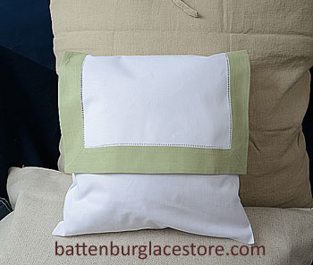 Envelope Pillow.12 inches. White with MELLOW GREEN color border